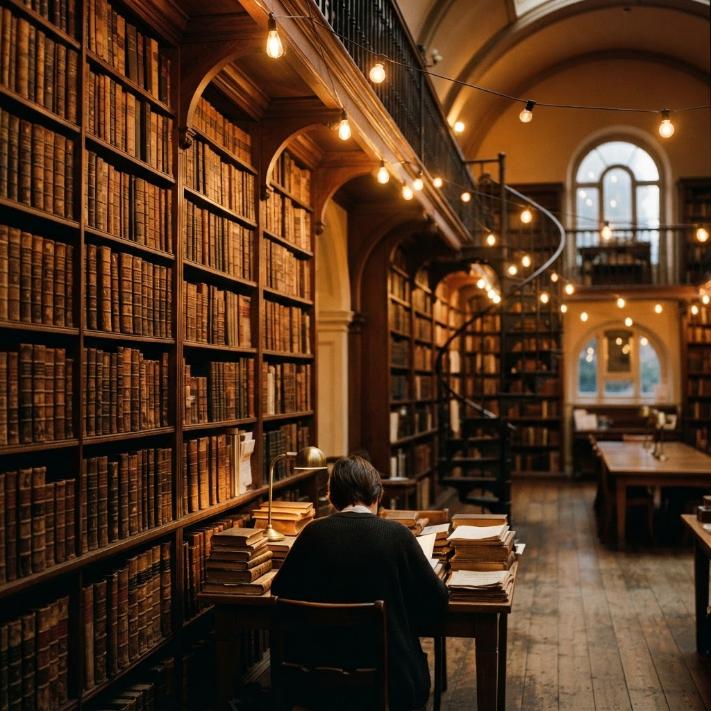 A grand library of leather-bound books lit by warm Edison bulbs